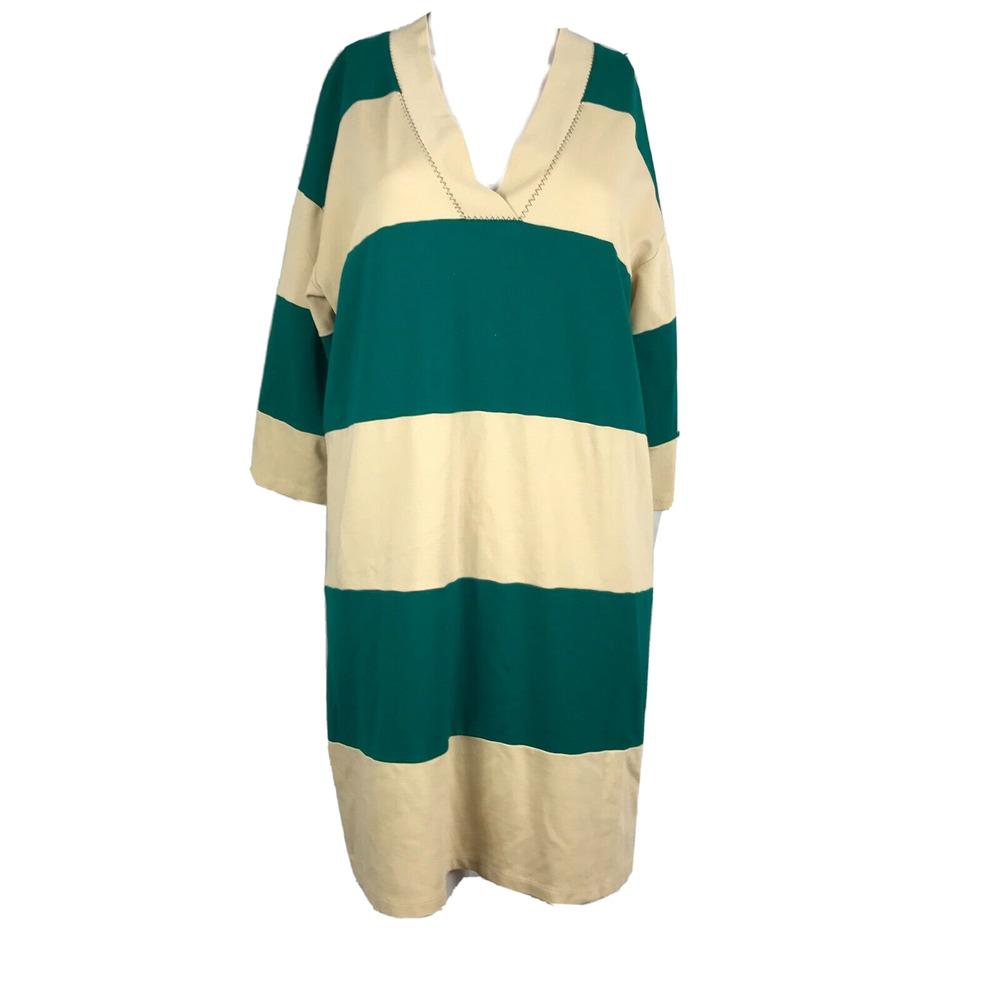 Hoss Intropia Dress Sz 6 (38) Womens Green Beige Stripe T-Shirt Mini‎ V-neck